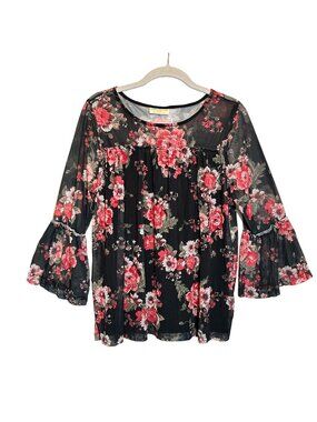 Bobbie Brooks Women's Multicolor Floral Peasant Top in Black - Size L